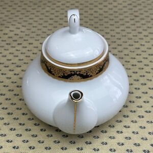 70s Pegasus Fine Porcelain Teapot White Gold Black Floral Trim Elegant Serving